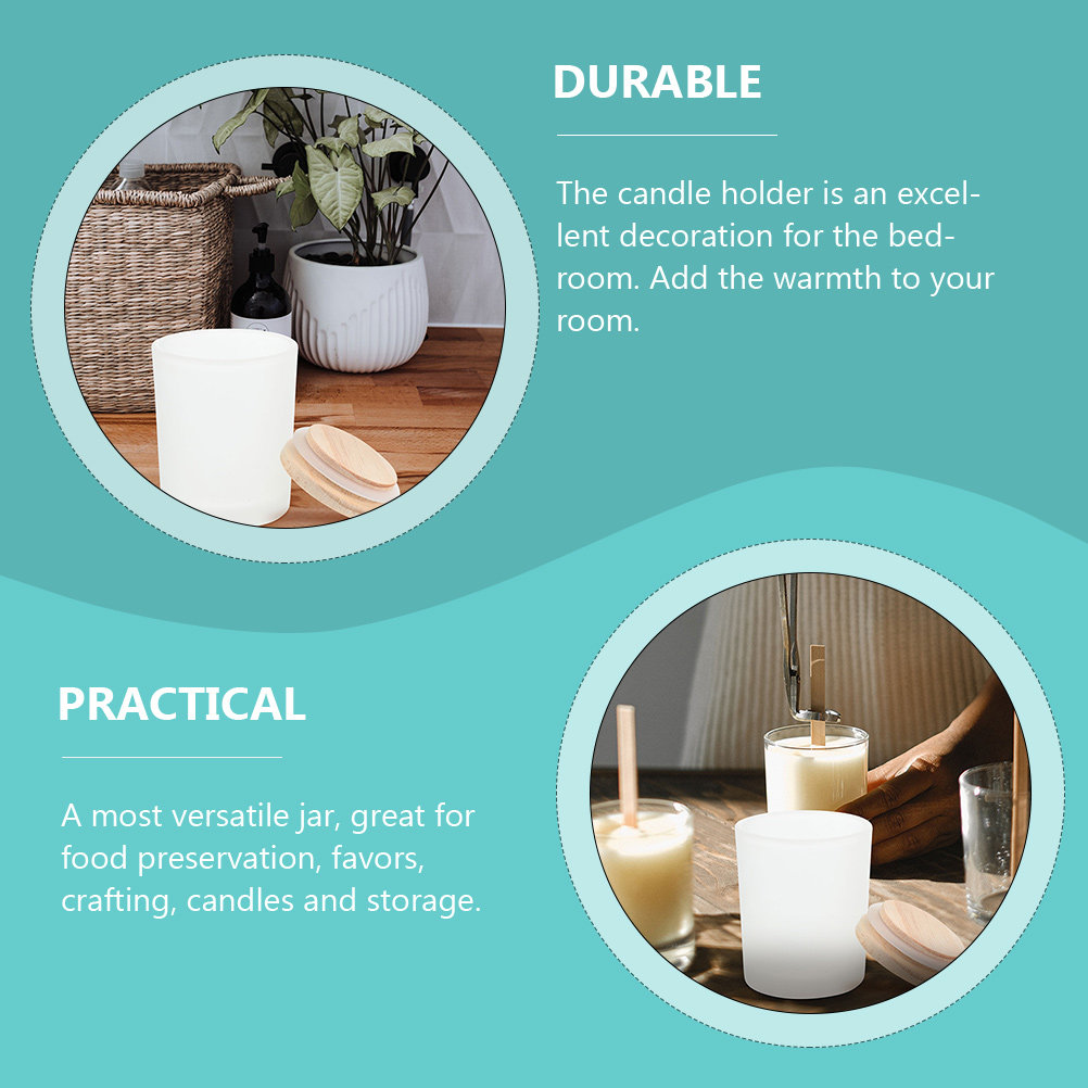 Candle Making Jars With Lids - 蓋付きの空のガラス瓶。木製の蓋が付いており、アロマキャンドル作りや、家庭用装飾、収納に使えるDIYカップとして活用できます。