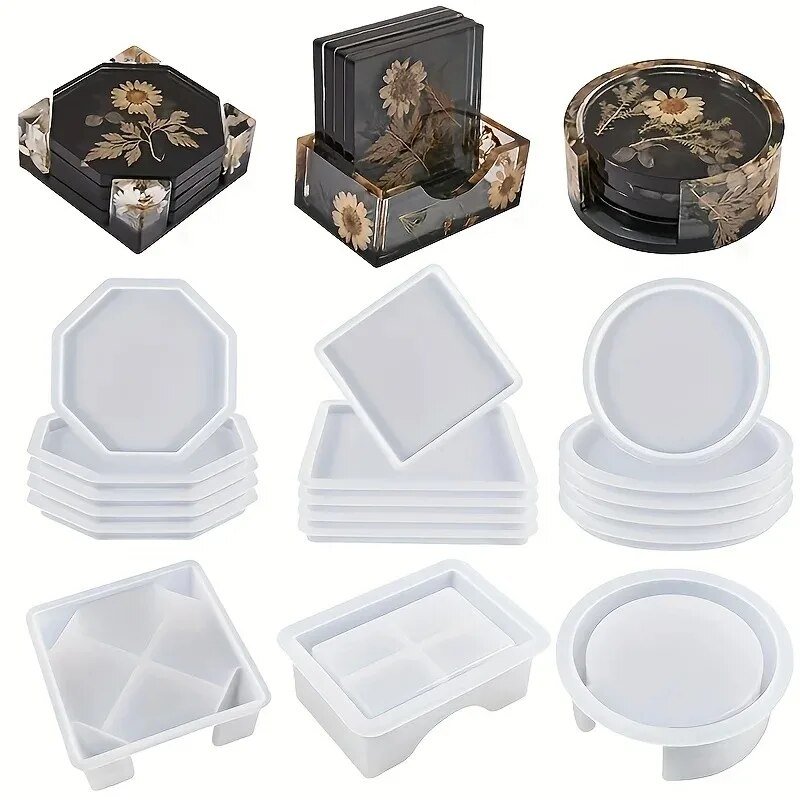 Candle Making Jars With Lids - コースター樹脂モールドセットには、コースター収納ボックスモールド1個、エポキシ樹脂用シリコーン樹脂コースターモールド4個が含まれます。