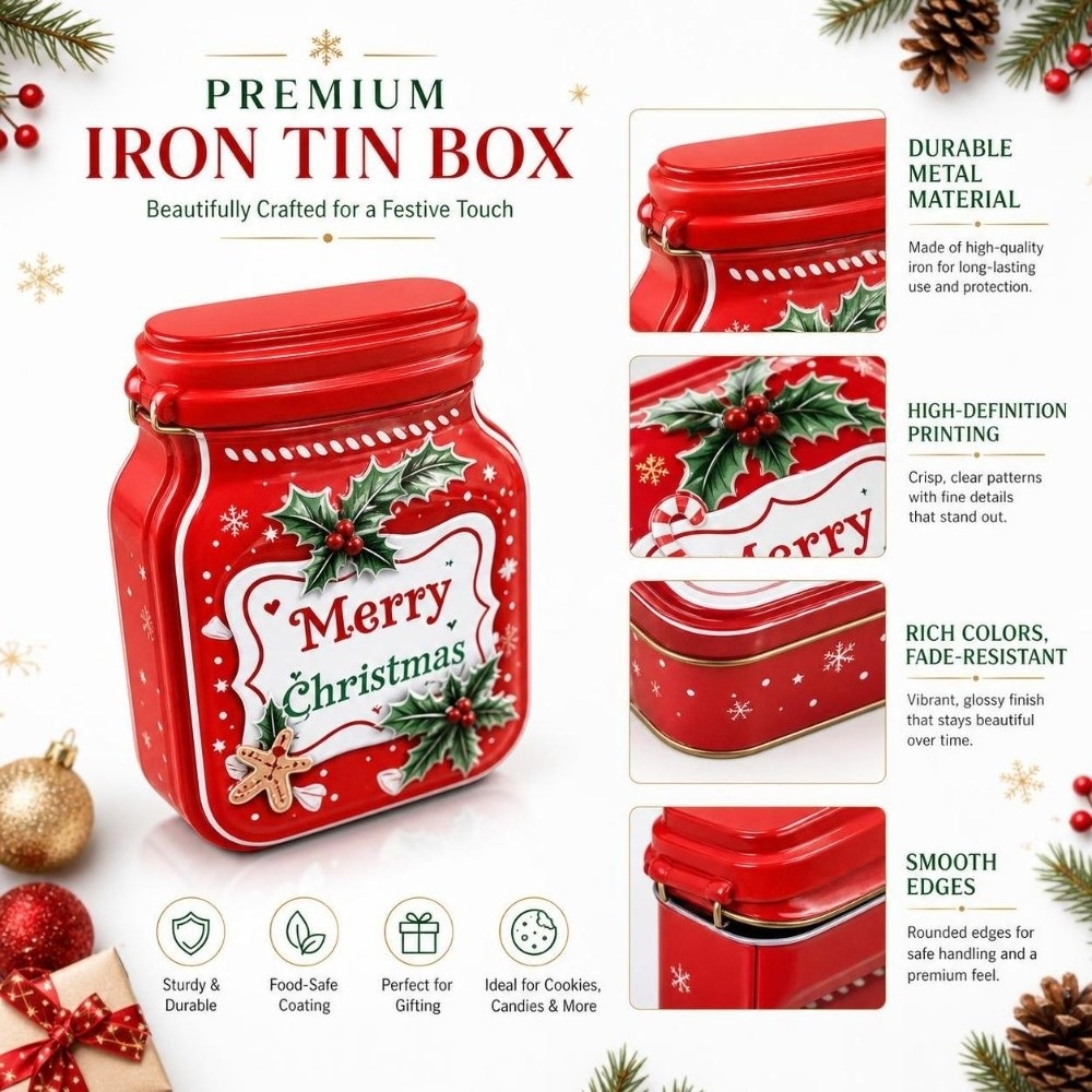 Tin Container Lid - ポータブルメタルクリスマスティンボックス蓋付きブリキ製クリスマス用クッキーキャンディボックスギフトボックスビスケットチョコレート収納容器新年用