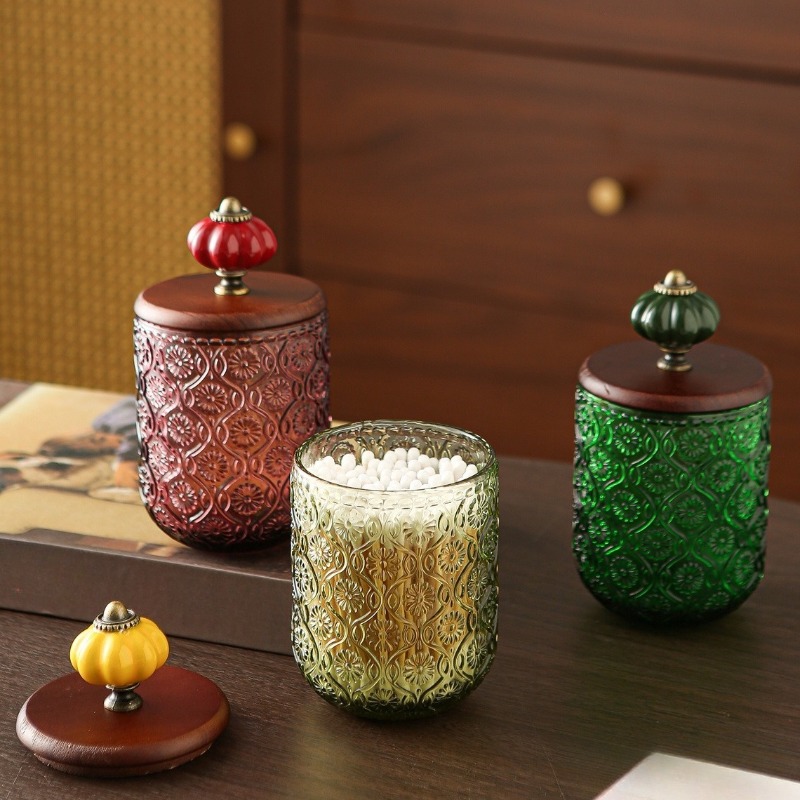 レトロなガラス製綿棒収納ボックス、創造的な綿棒・つまようじ・ - Candle Making Jars With Lids のレビューと価格